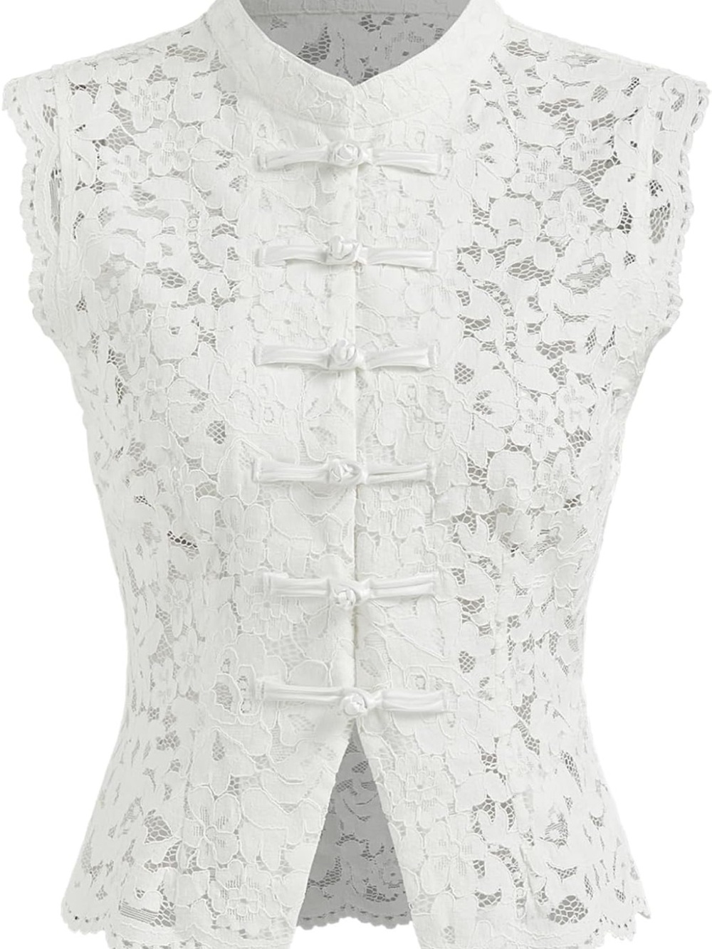 White Lace Mandarin Collar Sleeveless Dress Top